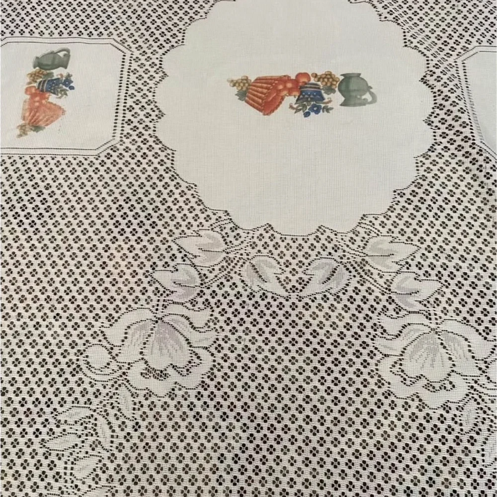 VTG Lace White TableCloth Rectangle Floral 50x80” with fruits